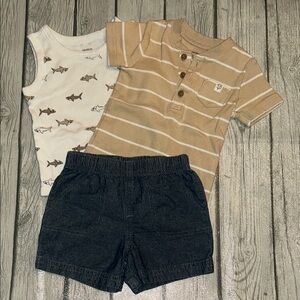 Carter’s 12mo Tan Striped Shirt and Shark Tank with Chambray Shorts Set